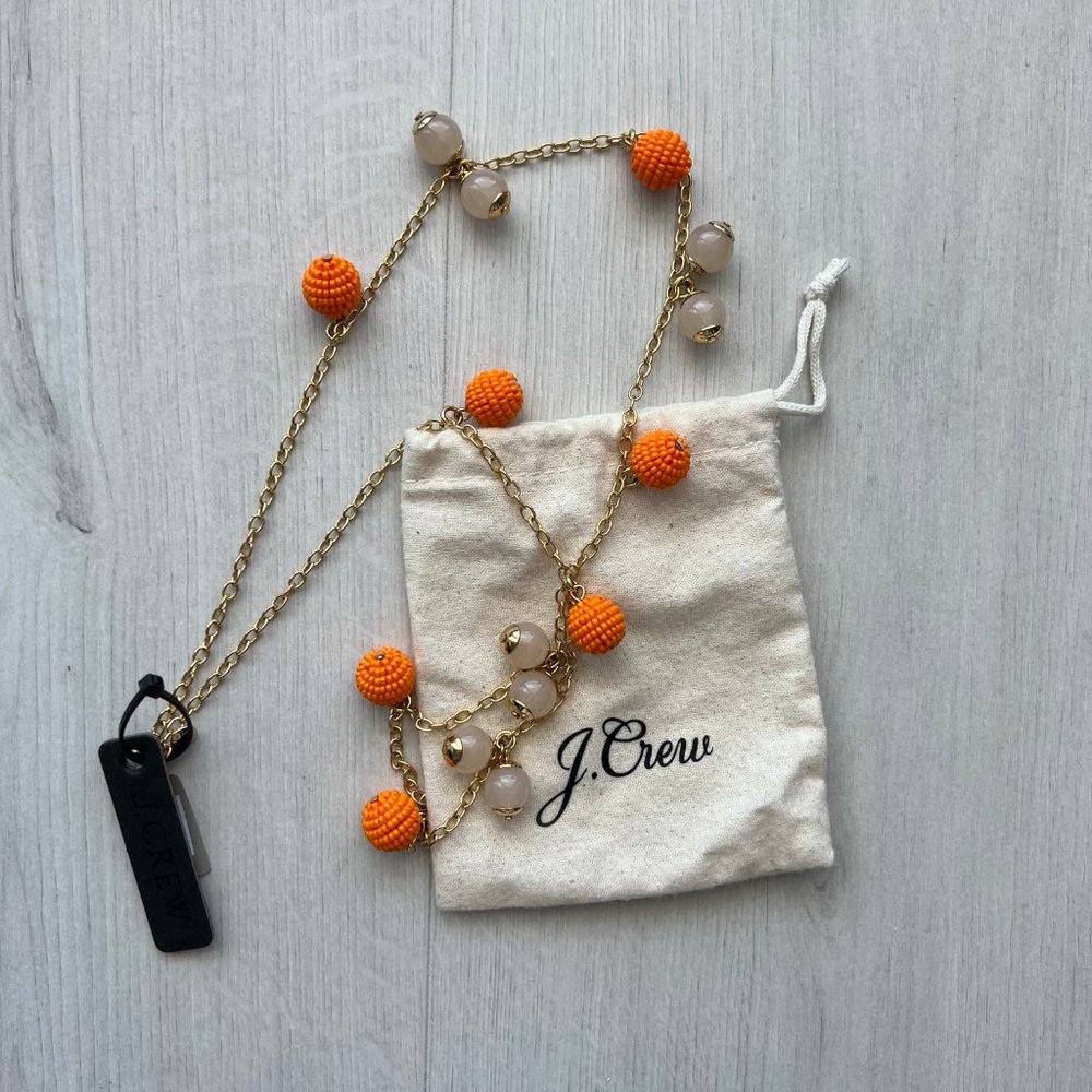 NWT J CREW Beaded ball necklace Orange Seed Beads Blush Acrylic Beads Brass w je
